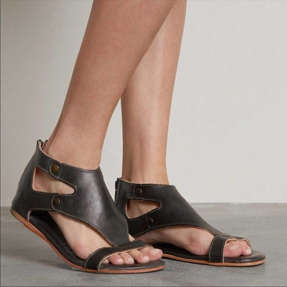 Bed Stu Shoes - Bed Stu Soto Black Leather Metal Snap Open Toe Boho Sandal Flats Size 7 NWT